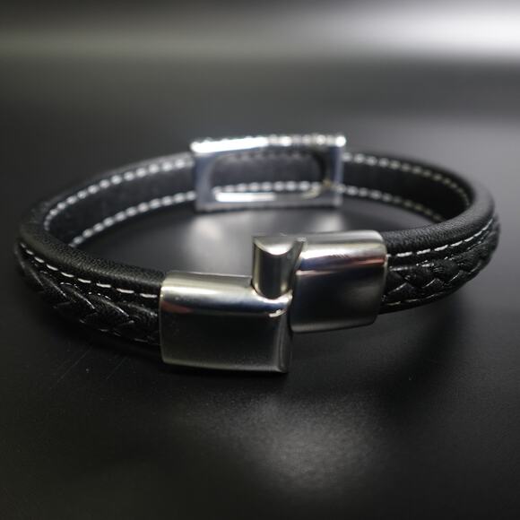 Stainless Steel & Leather Bracelet w/ Turquoise Stone SBR-6746 - Picture 4 of 10